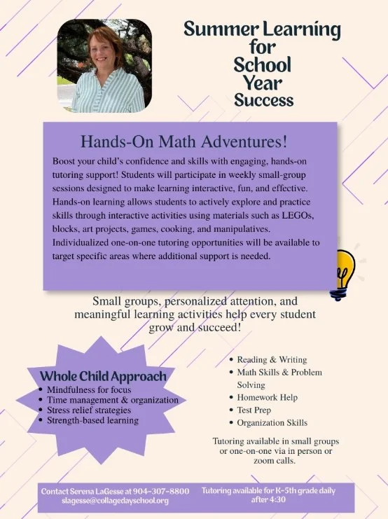 Flyer for Serena LaGesse's Summer Learning math tutoring program for K-5th grade students.