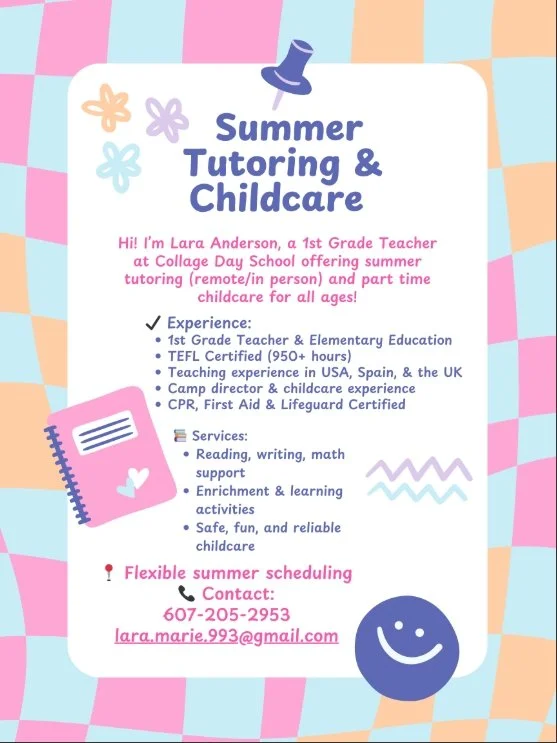 Flyer for Lara Anderson, Collage Day School teacher offering summer tutoring and childcare.