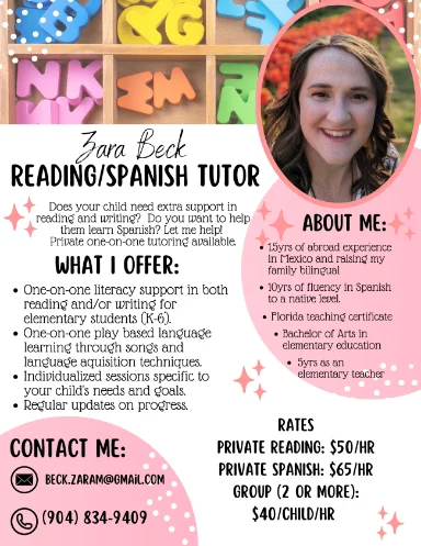 Flyer for Zara Beck, a private reading and Spanish tutor for elementary students.