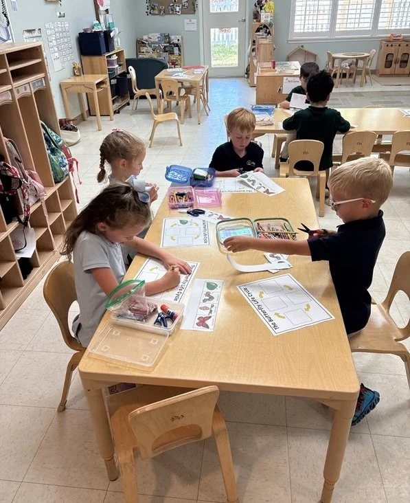 Preschool students working on a life cycle butterfly craft activity at a classroom table.