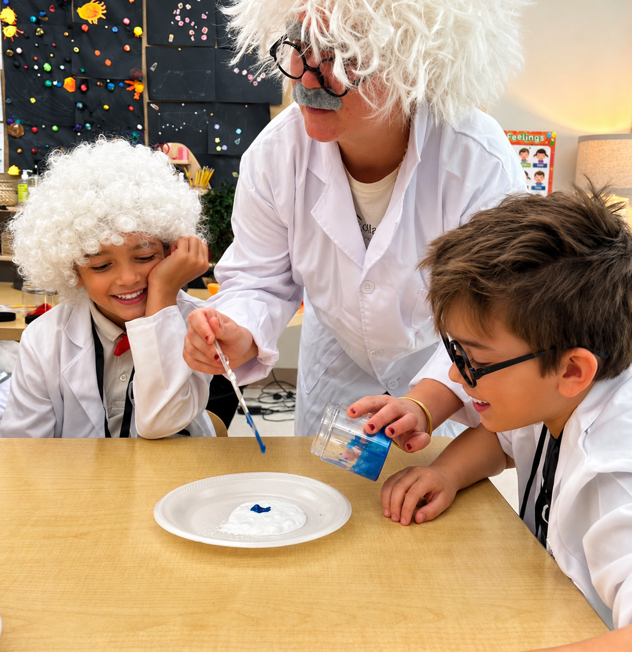 Two students and a teacher dressed as scientists doing a science experiment